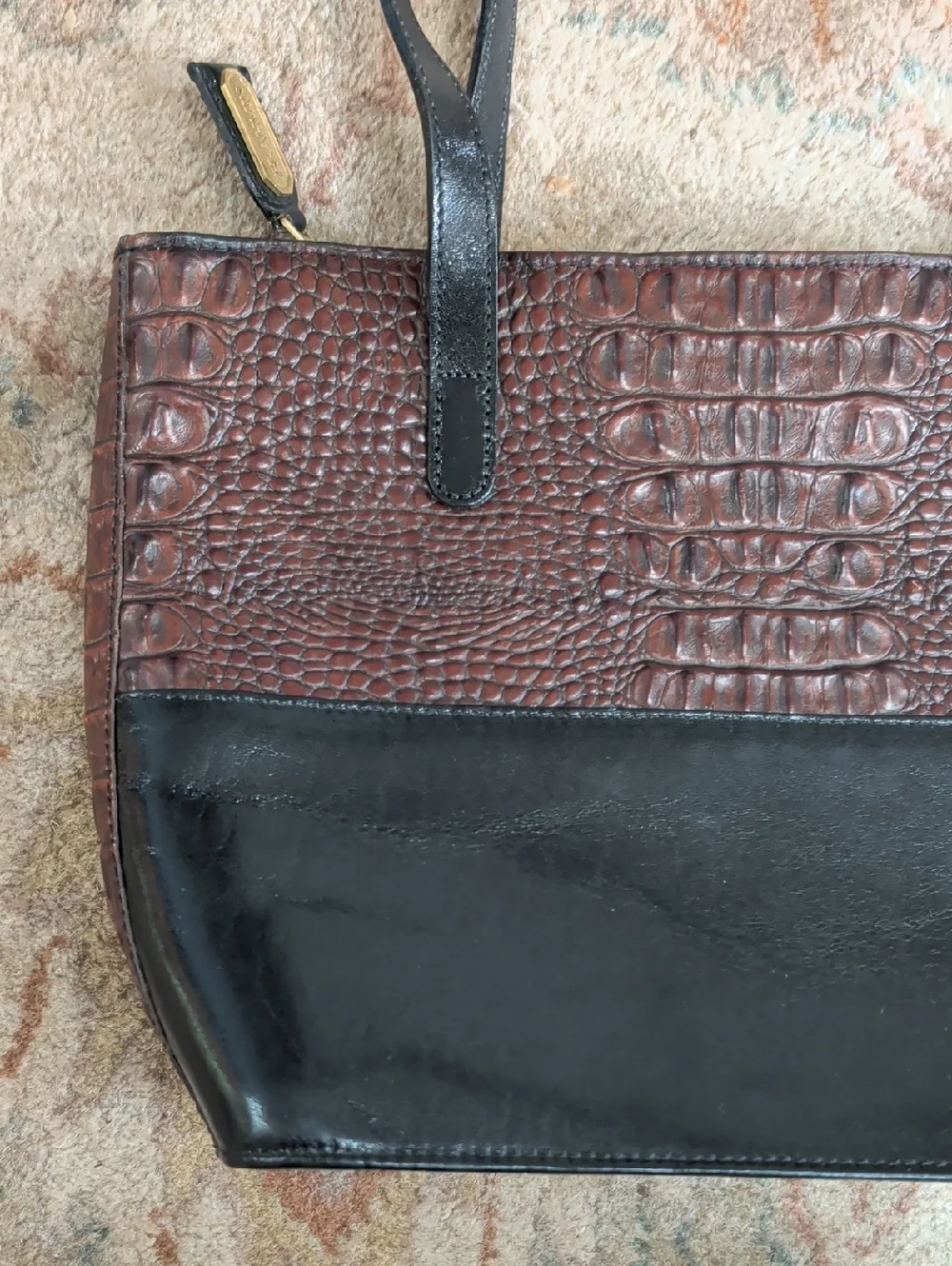 Brahmin Tuscan Melbourne Brown Croc-Texture and Black Leather Vintage Tote Bag